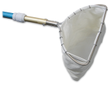 Twelve-inch rim dip net is fitted with a heavy canvas bag approximately 6½" deep. Bag attached to metal frame with clamp rings. Bottom of bag is a mesh material of approximately 500 micron nylon.